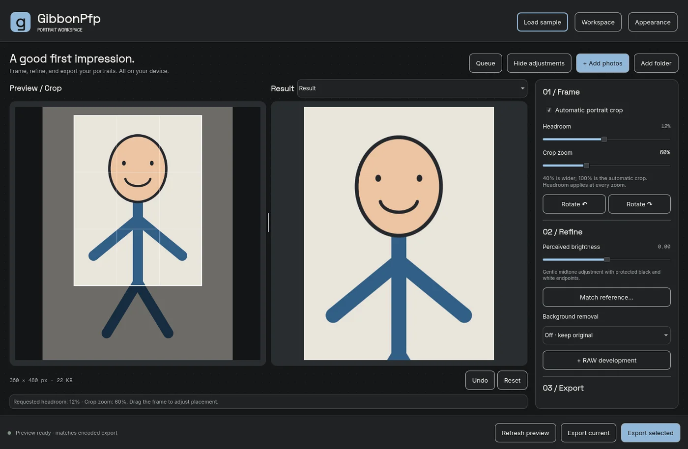 HeadshotFlow desktop workspace with portrait preview and framing controls